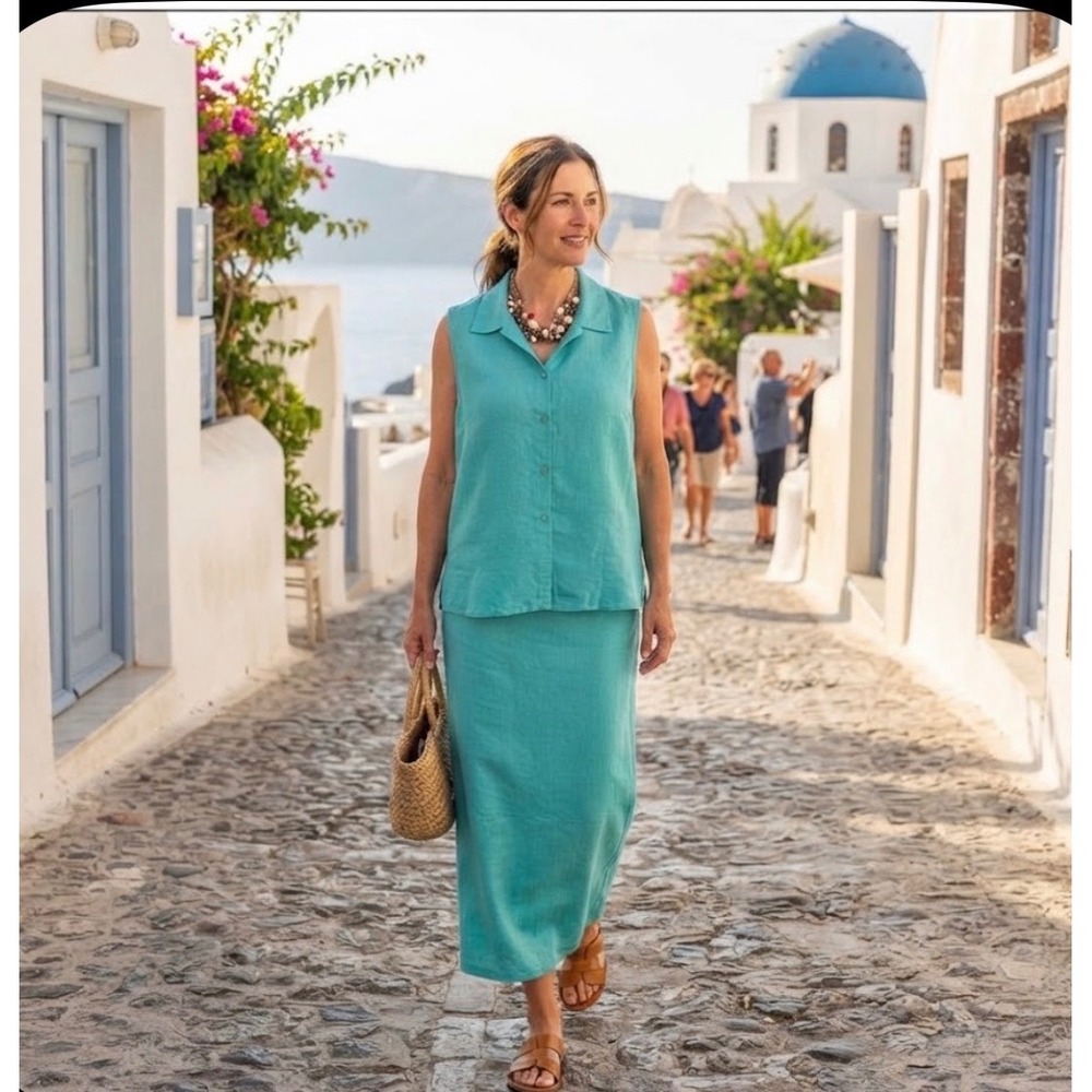 Jones New York Turquoise 2 Piece Button Up Sleeveless Maxi All Silk Skirt Set 16